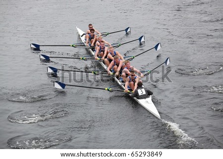 BOSTON - OCTOBER 24: Everett Rowing Association  Men 18 and Under men\'s Crew competes in the Head of the Charles Regatta on October 24, 2010 in Boston, Massachusetts.