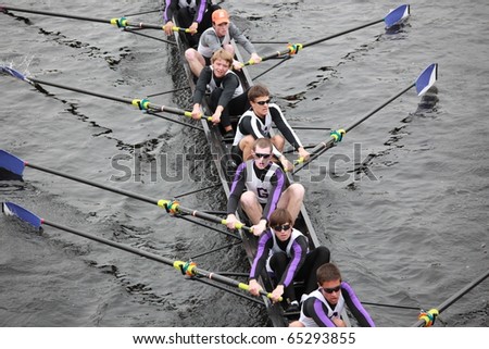 BOSTON - OCTOBER 24: Gonzaga College High School   Men 18 and Under men\'s Crew competes in the Head of the Charles Regatta on October 24, 2010 in Boston, Massachusetts.