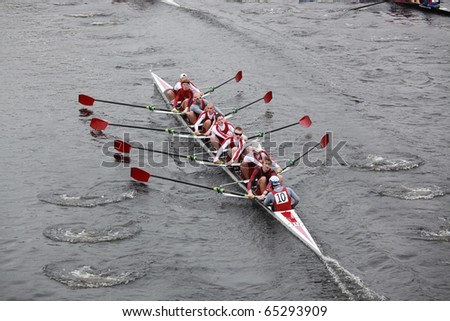 BOSTON - OCTOBER 24:  Men 18 and Under men\'s Crew competes in the Head of the Charles Regatta on October 24, 2010 in Boston, Massachusetts.