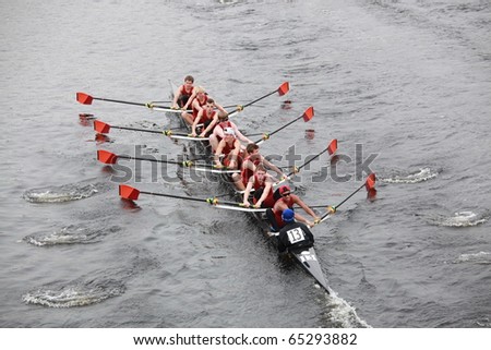 BOSTON - OCTOBER 24: Wayland-Weston Rowing Association Men 18 and Under men\'s Crew competes in the Head of the Charles Regatta on October 24, 2010 in Boston, Massachusetts.