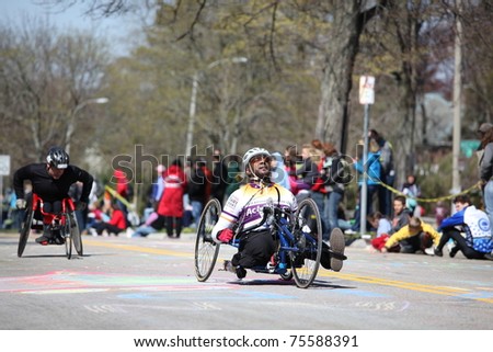 BOSTON - APRIL 18 : Wheelchair and Handcycle Racers participated in the Boston Marathon on April 18, 2011 in Boston.