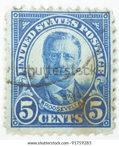 UNITED STATES - CIRCA 1922-1930 : A stamp printed in United States. Displays the image of President Theodore Roosevelt United States - circa 1922-1930