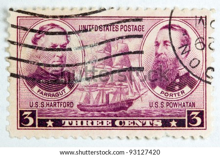 UNITED STATES - CIRCA 1936 : A stamp printed in United States. Displays the image of Farragut and Porter as well as the USS hartford and USS Powhaton. United States - Circa 1936