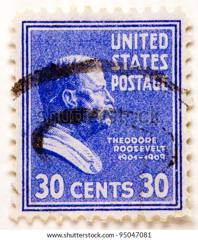 UNITED STATES - CIRCA 1938 : A stamp printed in United States. Displays Theodore Roosevelt. United States - circa 1938