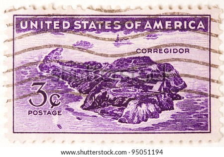 UNITED STATES - CIRCA 1944: A stamp printed in United States. Displays the island of Corregidor relevant to the battle of WWII. United States - circa 1944