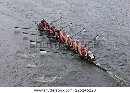 BOSTON - OCTOBER 19, 2014: Brown University races in the Head of Charles Regatta Men\'s Championship Eights, Craftsbury Sculling Center won with a time of 14:20