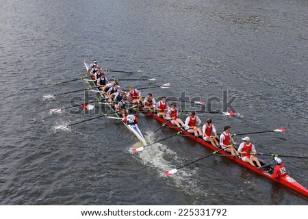 BOSTON - OCTOBER 19, 2014: Brock University(left) and Cornell University crash as they race in the Head of Charles Regatta Men\'s Championship Eights, Craftsbury Sculling won with a time of 14:20