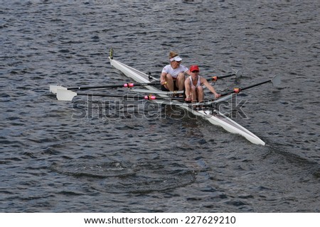 BOSTON - OCTOBER 19, 2014:Lake Union Rowing with Leslie Mittendorf and Melissa Pearlstein races in the Head of Charles Regatta women\'s Doubles