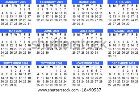 Calendar 2009, starts from Sunday and in blue head