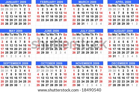 Calendar 2009, starts from Sunday and in blue head