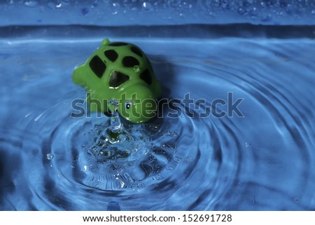 A close shot of a water splash with a green rubber turtle.
