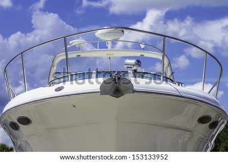 A large white boat shot of the front of the bow.