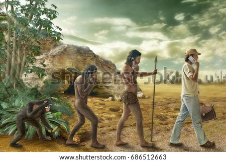 human evolution,  mobile phone evolution, the connection with the ancestors,  photo collage and drawing