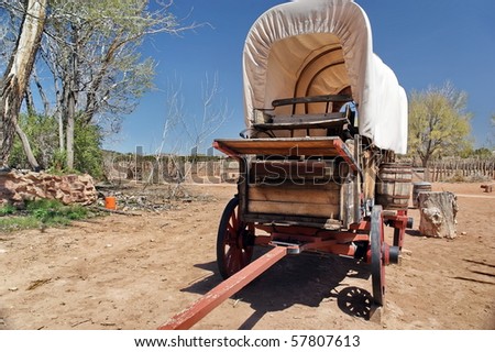 Covered pioneer wagon in old west, Nevada, America.