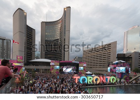 TORONTO, July 19, 2015: Nathan Phillips Square in Toronto during 2015 Pan Am & Parapan Am Games. PANAMANIA Live at Nathan Phillips Square, Toronto, Ontario, Canada