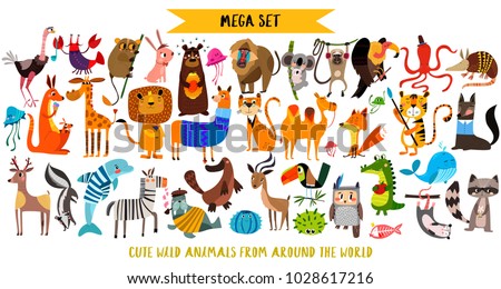 Mega set of cute cartoon animals: wild animals, marina animals.Vector illustration isolated on white background.