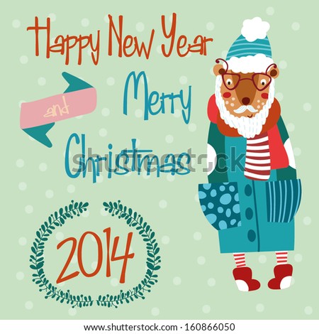 Christmas Greeting Card with funny hipster bear Stylish New Year and Christmas card in vector Christmas Greeting Card with funny hipster bear Stylish New Year and Christmas card in vector