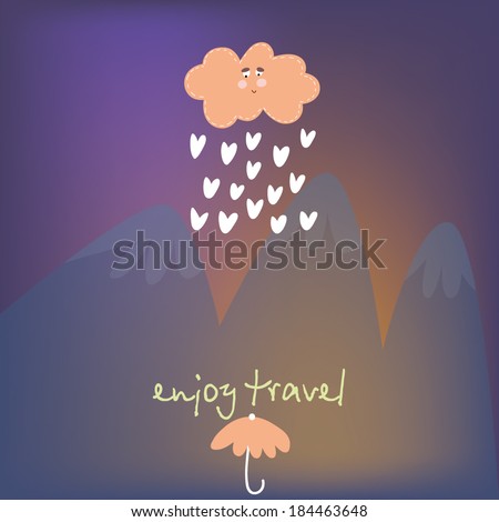 Vector blure landscape with Mountains. Travel design, rain and umbrella