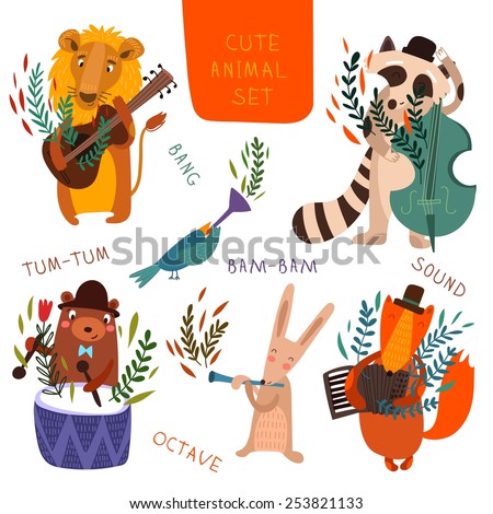 Cute animal set.Cartoon animals playing on various musical instruments.Lion, bear, raccoon, fox, bird, rabbit in vector