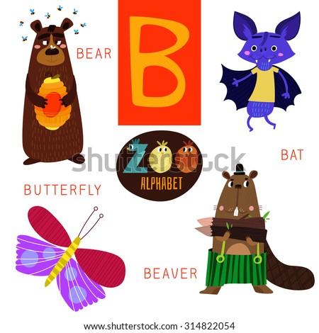 Cute Zoo Alphabet In Vector.B Letter. Funny Cartoon Animals: Bear,Bat ...