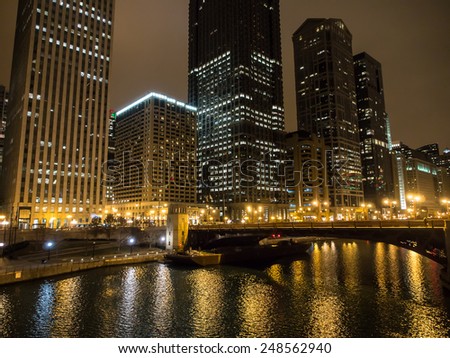 night view of Chicago River in Chicago, Illinois, USA
