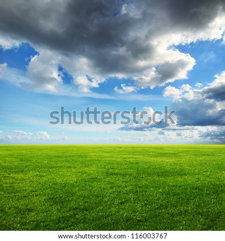 Image of green grass field and heavy clouds in the sky