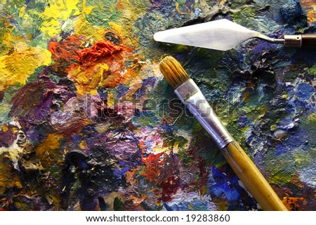 stock photo : palette with paintbrush and palette-knife