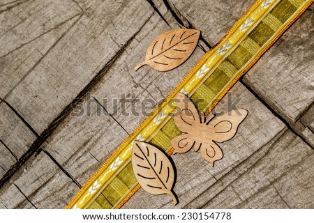 wooden ornaments, ribbon, yellow, decoration, home, home, countryside, orange, sweetheart, Easter, holiday, butterfly, leaf, leaves, wooden butterfly, wooden leaf, plug-ins