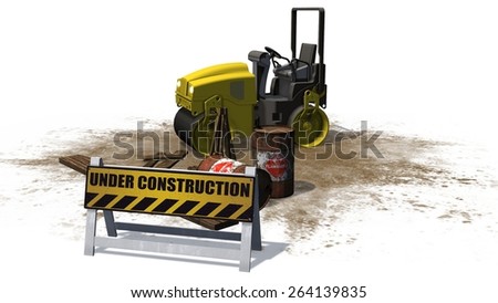 under construction sign in front of a road roller construction machine