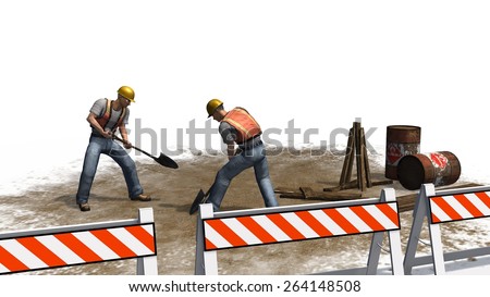 Construction worker with helmet, safety vest and paddle behind roadblock isolated on white background