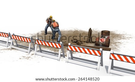 Construction worker with helmet, safety vest and paddle behind roadblock isolated on white background