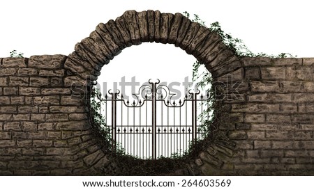 Old brick wall with iron gate separated on white background