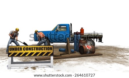 under construction sign old pick up truck on construction sites separated on white background