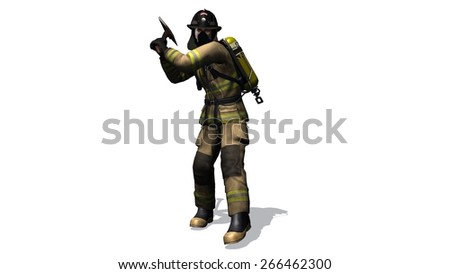 Firefighter with ax in action - separated on white background