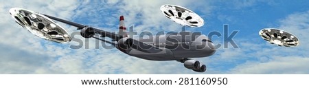 passenger airplane escorted by flying saucer