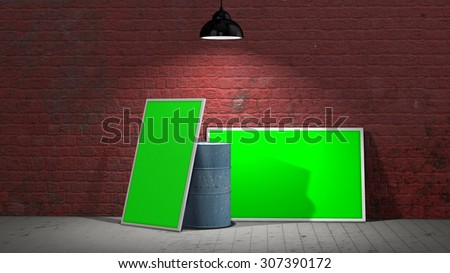 two green screen  frames and a barrel in front of a old stone wall illuminated with spotlight