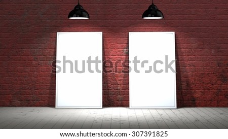 two blank screen frames on old brick wall and wooden floor illuminated with spotlights
