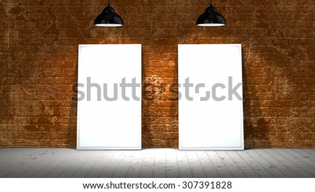 two blank screen frames on old brick wall and wooden floor illuminated with spotlights