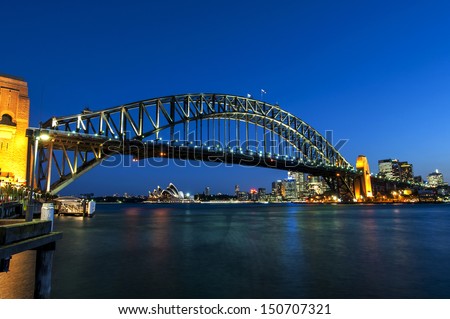 Sydney Harbour Bridge and the Opera House after sunset