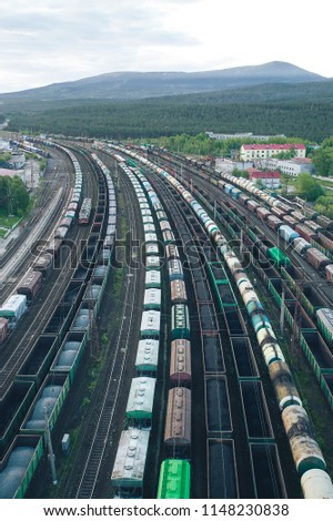 Railway Station with lots of Lines and Freight Trains. Aerial View. Location Kandalaksha Russia