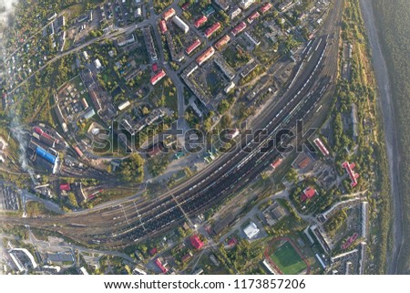 Junction Railway Station with lots of Lines and Freight Trains. Aerial View. Location Kandalaksha Russia