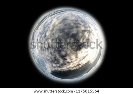 a Planet under the Cover of Clouds Little Planet Panoramic format View from Above. Aerial Landscape from the Drone