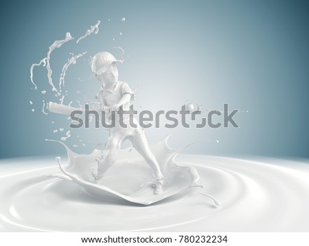 Splash of milk in form of Boy\'s body playing Baseball, hitting ball, Splash of milk with clipping path. 3D illustration.