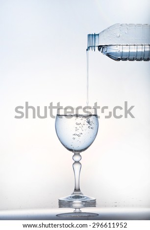 pouring water on a glass on white background,Glass of water, Glass of water isolated on white background,Water pouring from bottle into the glass, isolated on white