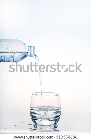 pouring cool water in glass on white background