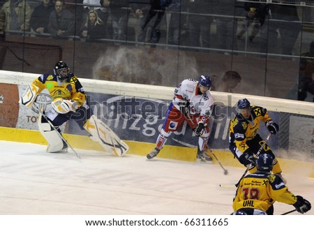 ZELL AM SEE, AUSTRIA - NOVEMBER 30: Austrian National League. Goalie Bartholomaeus leaving his crease. Game EK Zell am See vs. ATSE Graz (Result 0-4) on November 30, 2010 at hockey rink of Zell am See