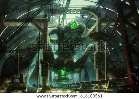 digital illustration of making ultra weapon battle monster creature cyborg machine scene inside factory