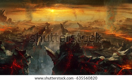 digital illustration of fantasy medieval environment landscape concept background in hell with larva and volcano