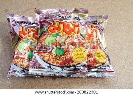 BANGKOK THAILAND - MAY 24, 2015. Mama Tomyum Favour instant noodles. Owned by Thai President Foods Public Company Limited was established on February 15, 1972. Mama is a popular brand in Thailand.
