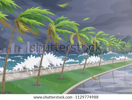 Seaside landscape during storm in ocean, huge waves and palm trees on high wind along coast. Natural disaster hurricane incoming on sea vector flat illustration.